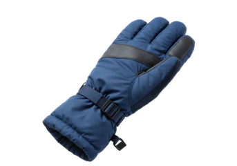 Isolated blue padded winter glove with black trim on fingers and wrist strap, ready to wear