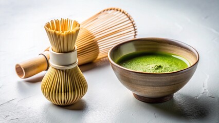 Delicious and healthy vegetarian meal of fresh rice, hot green tea in a cup, and a gourmet green tea bowl
