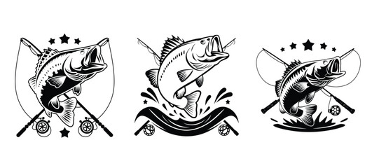 Bass Fishing Logo and Emblem Vector Set Jumping Largemouth Fish with Crossed Rods, Reel, and Water Splash Design for Sport, Tournament, or Club.