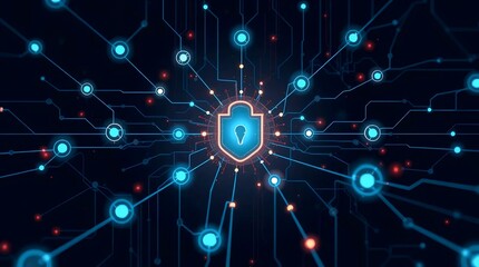 Obraz premium glowing digital shield icon connected across a futuristic blue network representing advanced cybersecurity protection systems
