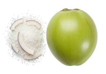 Isolated green coconut with shavings showing natural healthy ingredients, plant based food
