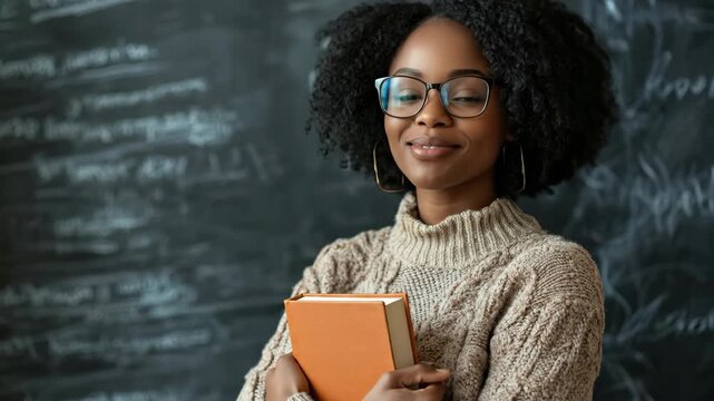 happy african american female teacher or student with glasses holds book in classroom. portrait of confident woman against chalkboard. education, learning concept. website header with copy space