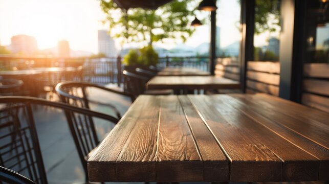 Sunlit wooden terrace whispers tranquility, ideal for Hygge moments or International Day of Calm, serenity enveloping cityscape views