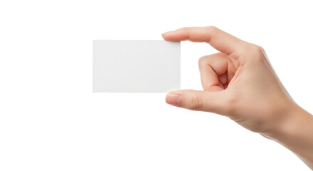Hand holding a blank white business card isolated on transparent background