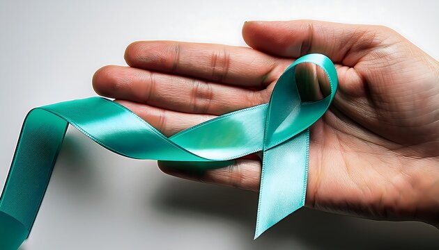 Teal ribbon with copy space in hand.  Sexual assault, PCOS, anxiety disorders, agoraphobia, ovarian and cervical cancer, and scleroderma awareness.
