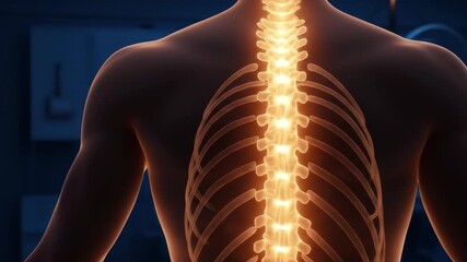 Human back with glowing spine and ribs, in a medical setting