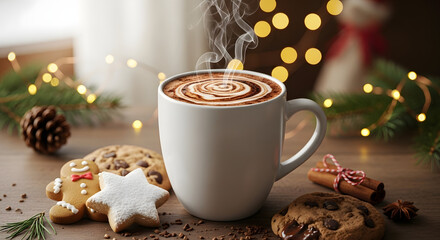 Cozy steaming mug of hot chocolate with festive holiday cookies and warm bokeh lights