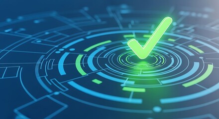 A glowing green checkmark icon on a futuristic blue digital interface representing technology approval, data security, and successful strategic validation