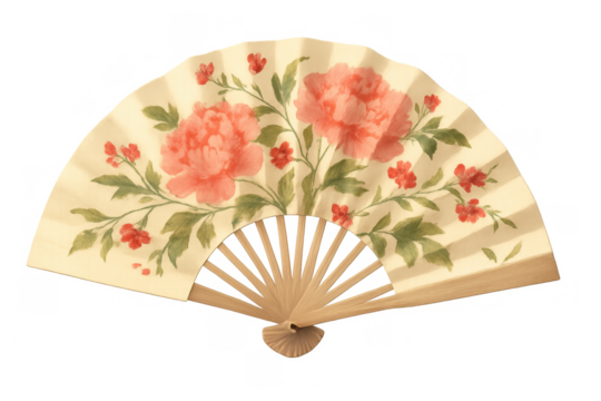 Hand fan displaying traditional watercolor peony flowers, symbolizing asian culture, summer, and elegance on transparent background