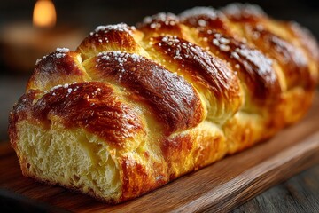Golden braided challah, sugared for Shabbat serenity, Jewish culinary artistry intertwines with cozy autumnal equinox celebrations