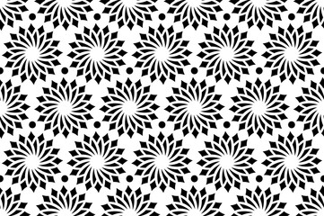 Seamless pattern mandala flowers on a white background. Monochrome black and white. Christmas texture, decorative abstract geometric linear vector illustration