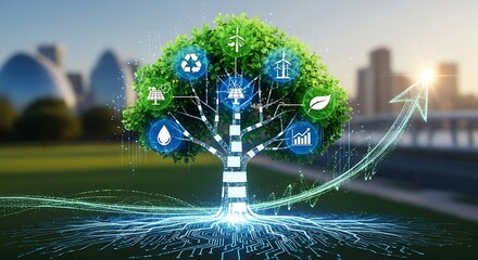 A digital tree with renewable energy icons symbolizing a strategic plan for sustainable business growth and a green economy
