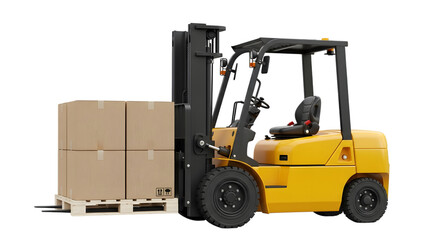 Yellow forklift truck lifting a pallet with cardboard boxes on a isolated on a transparent background