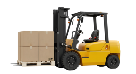 Yellow forklift truck lifting a pallet with cardboard boxes on a isolated on a transparent background