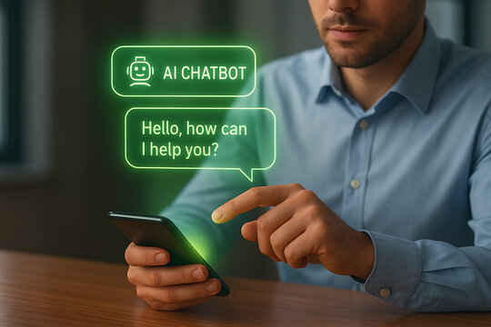 A man is interacting with a smartphone displaying a glowing ai chatbot interface with a "hello, how can i help you?" message, representing artificial intelligence customer service - Powered by Adobe