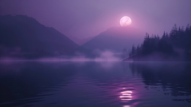 Serene Purple Twilight Over Mountain Lake with Full Moon Reflection