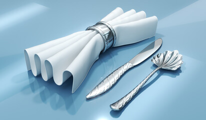 Round silver stainless steel napkin ring with shell shaped dessert spoon and table knife with polished swirl pattern. 3d illustration on light blue background