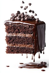 chocolate cake slice flying with ganache drizzle, isolated on white background