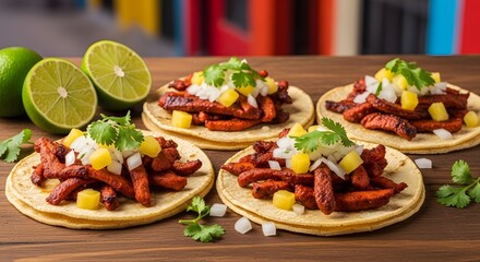 Savor the vibrant flavors of authentic al pastor tacos piled high with juicy pork, fresh pineapple, onions, and cilantro, ready for a delicious meal.