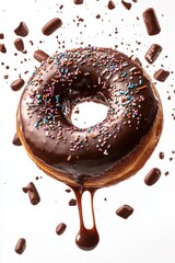 chocolate donut flying with sprinkles and glaze splash, isolated on white background