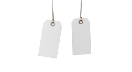 Two blank white price tags hanging from strings isolated on transparent background