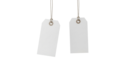 Two blank white price tags hanging from strings isolated on transparent background