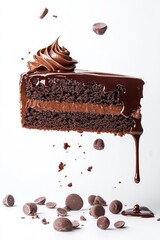 chocolate cake slice flying with ganache drizzle, isolated on white background