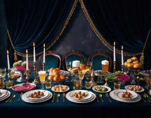 Opulent Banquet Table with Exotic Desserts, Velvet Drapery and Candlelit Gold Tableware
