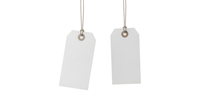 Two blank white price tags hanging from strings isolated on transparent background - Powered by Adobe