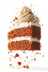 carrot cake slice flying with cream cheese frosting, isolated on white background