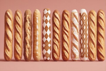 Intricate latticed baguettes stand ceremoniously, invoking festive Bread Festival vibes and intricate lacework crafting traditions