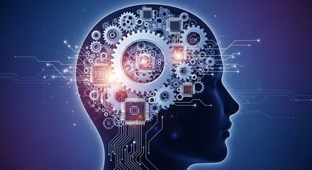 Futuristic concept of artificial intelligence showing a mind with gears and circuits for strategic data processing and innovation