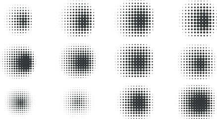 Halftone pattern grid: twelve circular and square dot matrix designs on white