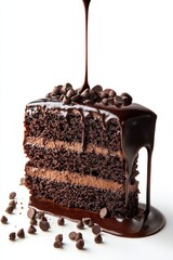 chocolate cake slice flying with ganache drizzle, isolated on white background