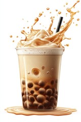 bubble tea splash with tapioca pearls and milk swirl, isolated on white background