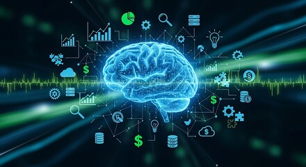 Conceptual illustration of artificial intelligence driving strategic planning, featuring a glowing digital brain surrounded by data and technology icons