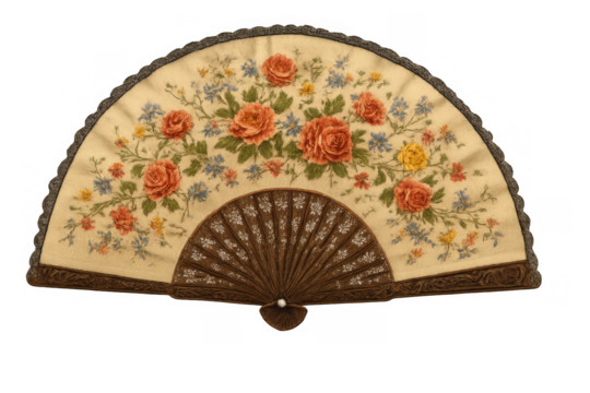 Vintage hand fan displaying embroidered floral patterns, traditional accessory for elegance and historical fashion on transparent background