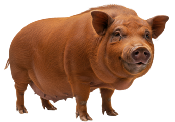 Isolated Red Wattle hog standing and looking at the camera with a slight smile on its face