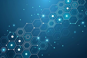 Abstract blue background featuring interconnected hexagonal network and glowing light particles