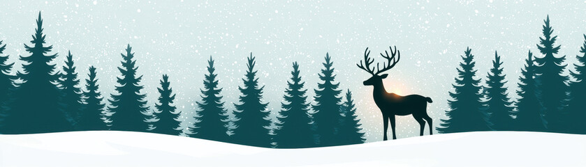 Fototapeta premium Christmas winter forest landscape with snow falling and majestic deer standing among pine trees under peaceful sky