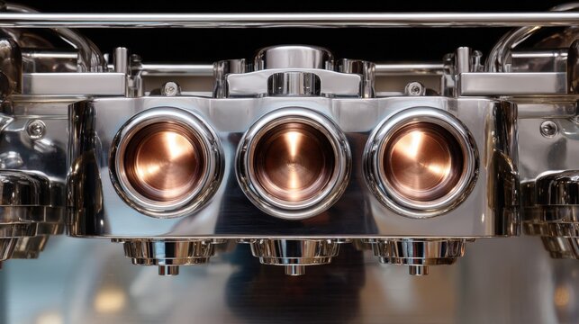 Close-up of a metallic object, which appears to be a part of a machine or machinery. it has a rectangular shape with three circular openings in the center.