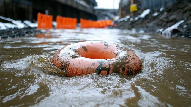 Muddy lifebuoy drift, urban flood chaos, emergency resilience, National Water Safety Month, whimsical river rescue narrative