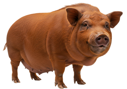 Isolated Red Wattle hog standing and looking at the camera with a slight smile on its face