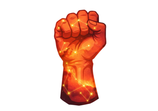 Isolated illustration of a clenched fist with a glowing galaxy pattern design inside