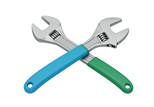 Isolated Adjustable Wrenches Crossed with Blue and Green Handles for Mechanical Tasks