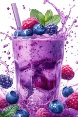 blueberry smoothie splash with berries and mint, isolated on white background