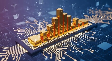 Strategic business intelligence and big data analytics visualized as a golden graph on a high-tech microprocessor