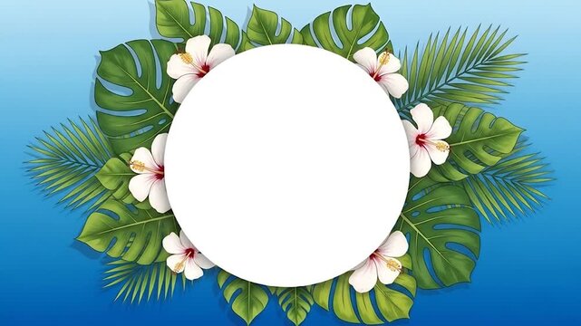 Tropical Foliage Circle Frame Design with Hibiscus Flowers and Palm Leaves