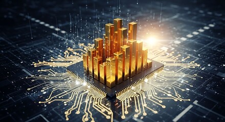 Futuristic central processor unit with a glowing golden city symbolizing financial technology and strategic data analysis