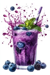 blueberry smoothie splash with berries and mint, isolated on white background